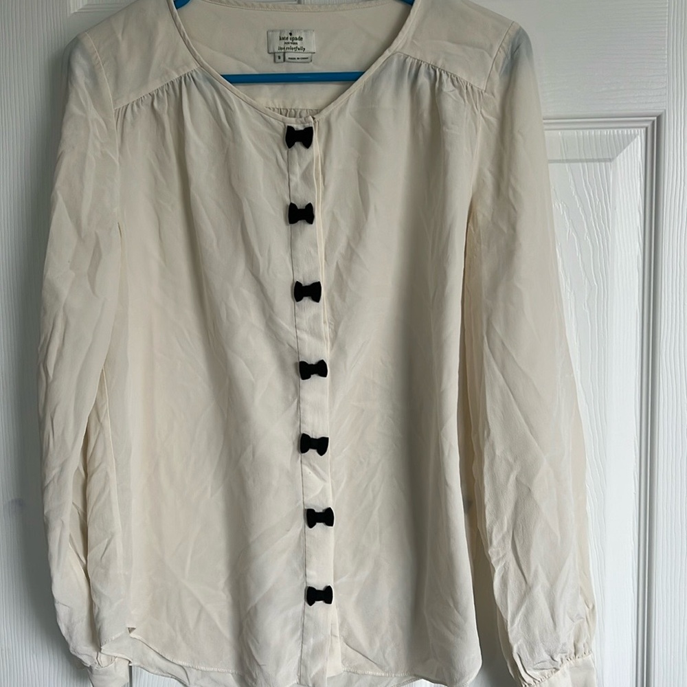 Kate Spade 100% silk crepe ivory bow blouse Size 8